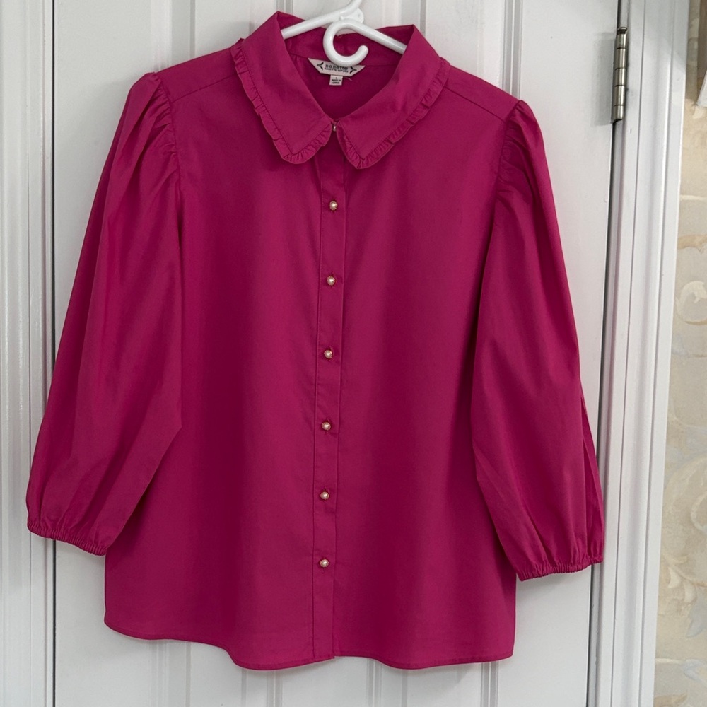 Nanette Elegant Cotton Blend Fuchsia Feminine Button-up with Peter Pan Collar